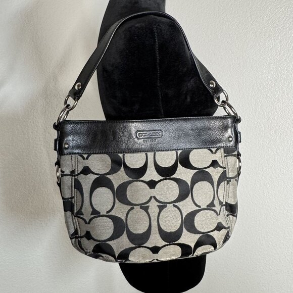 Coach Signature Black & Gray Fabric & Leather Shoulder Bag With Silver-Tone Hard - Picture 1 of 8